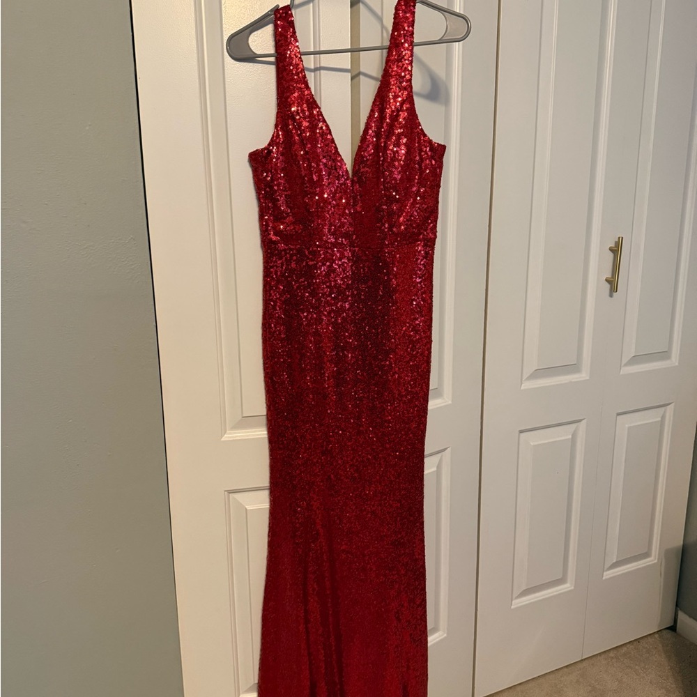 Crystal Doll Red Sequin V-Neck Evening Gown